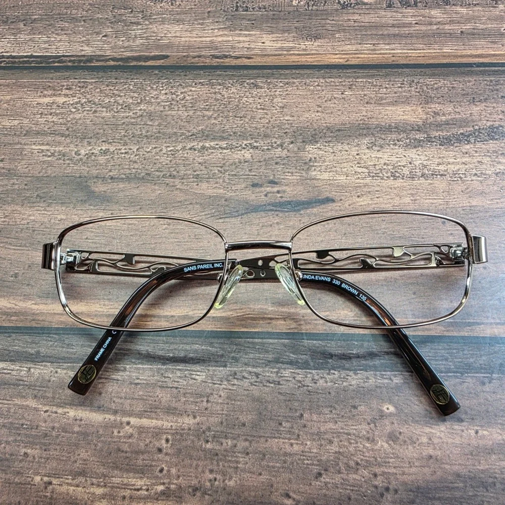 Linda Evans 330 Brown Metal Rectangular Eyeglasses Filigree Cutout Temples 135mm